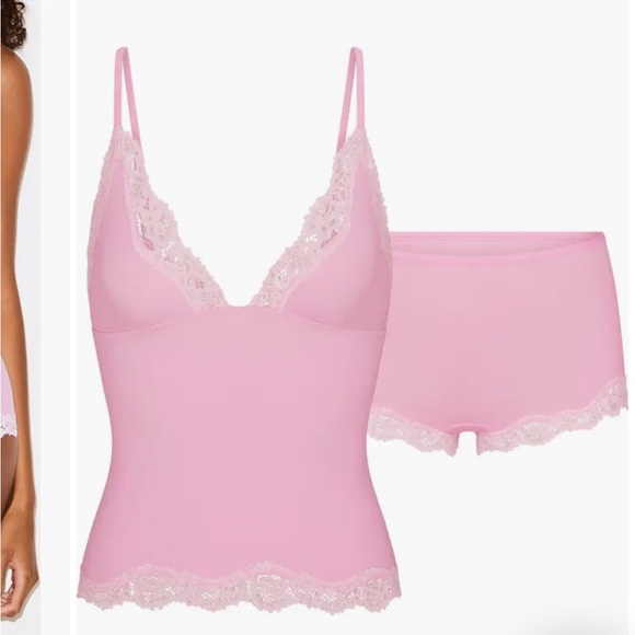 SKIMS BUBBLEGUM cami & boyshort Lace Trim Chemise Set - Picture 1 of 3